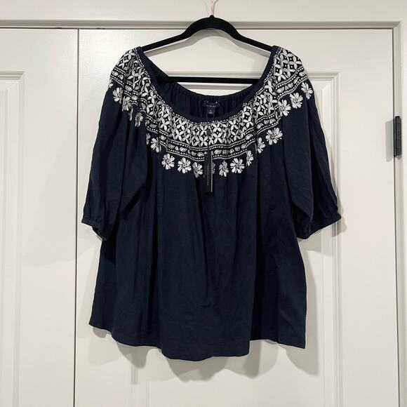 NWT Tommy Hilfiger Women's Wide Neck Off Shoulder Navy‎ Top White 1x Plus - Picture 1 of 7